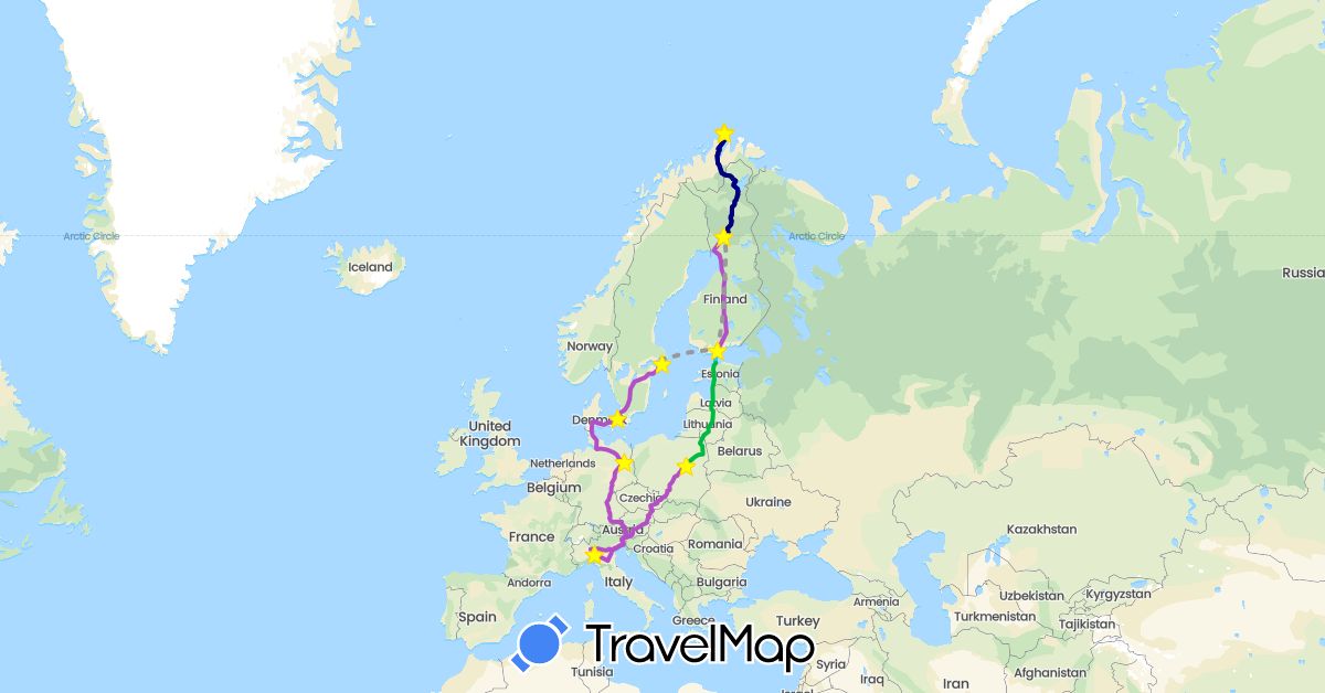 TravelMap itinerary: driving, bus, plane, train, hiking, boat, electric vehicle in Austria, Czech Republic, Germany, Denmark, Estonia, Finland, Italy, Norway, Poland, Sweden (Europe)